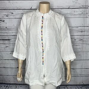 Soft Surroundings NWT Size 3X White - Embroidered Pom Pom Linen Desert Tunic Top